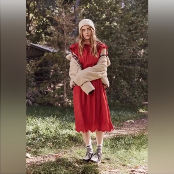 The Great. Moonlight Embroidered Red Silk Midi Dress sz 2 Medium - Picture 13 of 13